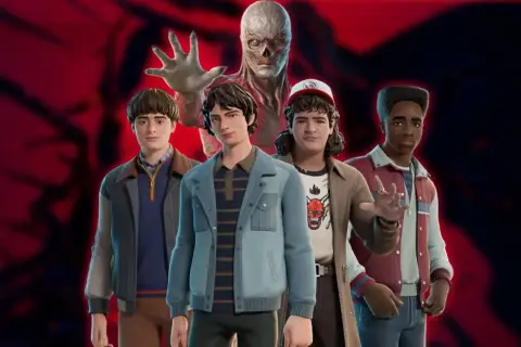 Postacie ze Stranger Things w Fortnite, z Vecną czającym się w tle.