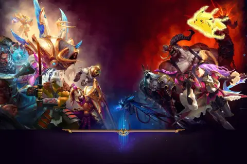 Bohaterowie z gier MOBA walczą w epickiej bitwie. Po lewej Zeus i jego sojusznicy, po prawej potwory i Pikachu.