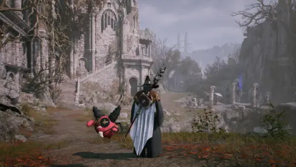 Magiczna postać z towarzyszem przed ruinami zamku. Czy to początek przygody w mmo?